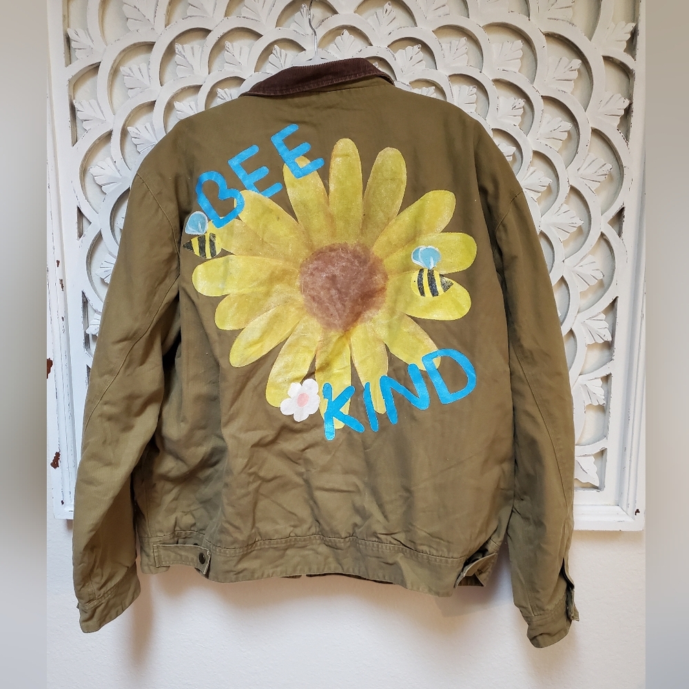 Upcycled Embroidered Painted Bee Kind Winter Canvas Coat  Union Jacket Size XXL